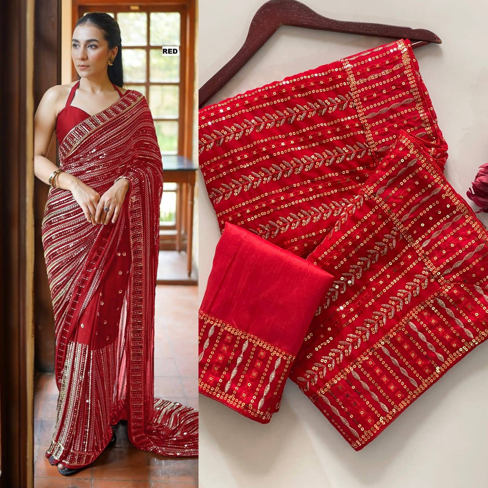 Red Premium Sequins Embroidered Faux Georgette Saree